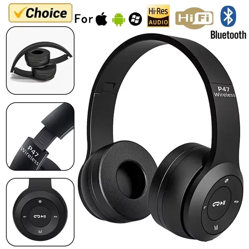 P47 무선 블루투스 5.0 이어폰, 접이식 HIFI 스테레오 베이스, 음악 게임, 어린이 소녀, 스마트폰용 이어폰