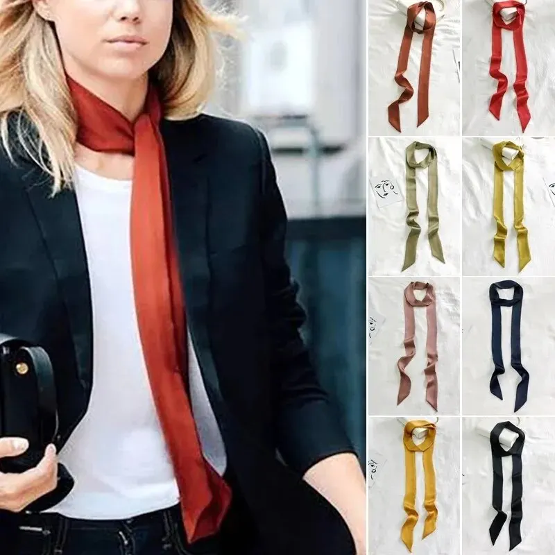 새로운 새틴 실크 좁은 스카프 Neckerchief 솔리드 ​​넥 스카프 긴 실크 얇은 스카프 머리 목 헤어 밴드 가방 리본 머리띠 DIY