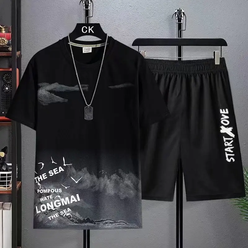 남성용 트렌디 한 정장 남성용 여름 반바지 세트 체육관 복장 학생 반팔 티 2 피스 세트 Tracksuits 남성 캐주얼 남성 의류