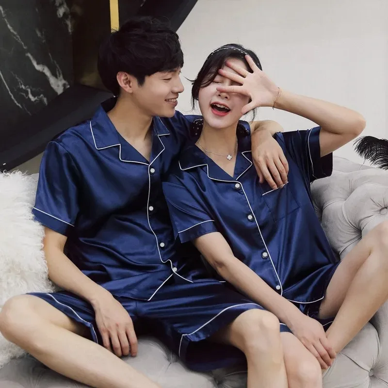솔리드 컬러 잠옷 실크 새틴 잠옷 커플 세트 반팔 잠옷 정장 Pijama 여성 남성 Loungewear 플러스 사이즈 Pj 세트