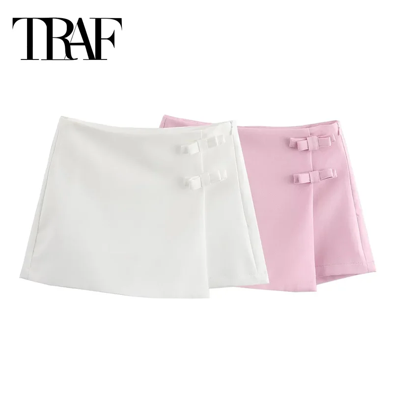 TRAF 2024 핑크 화이트 미니 스커트 여성 패션 보우 Skort 여성용 여름 슬릿 짧은 스커트 여성 스플릿 하이 웨스트 스커트 반바지