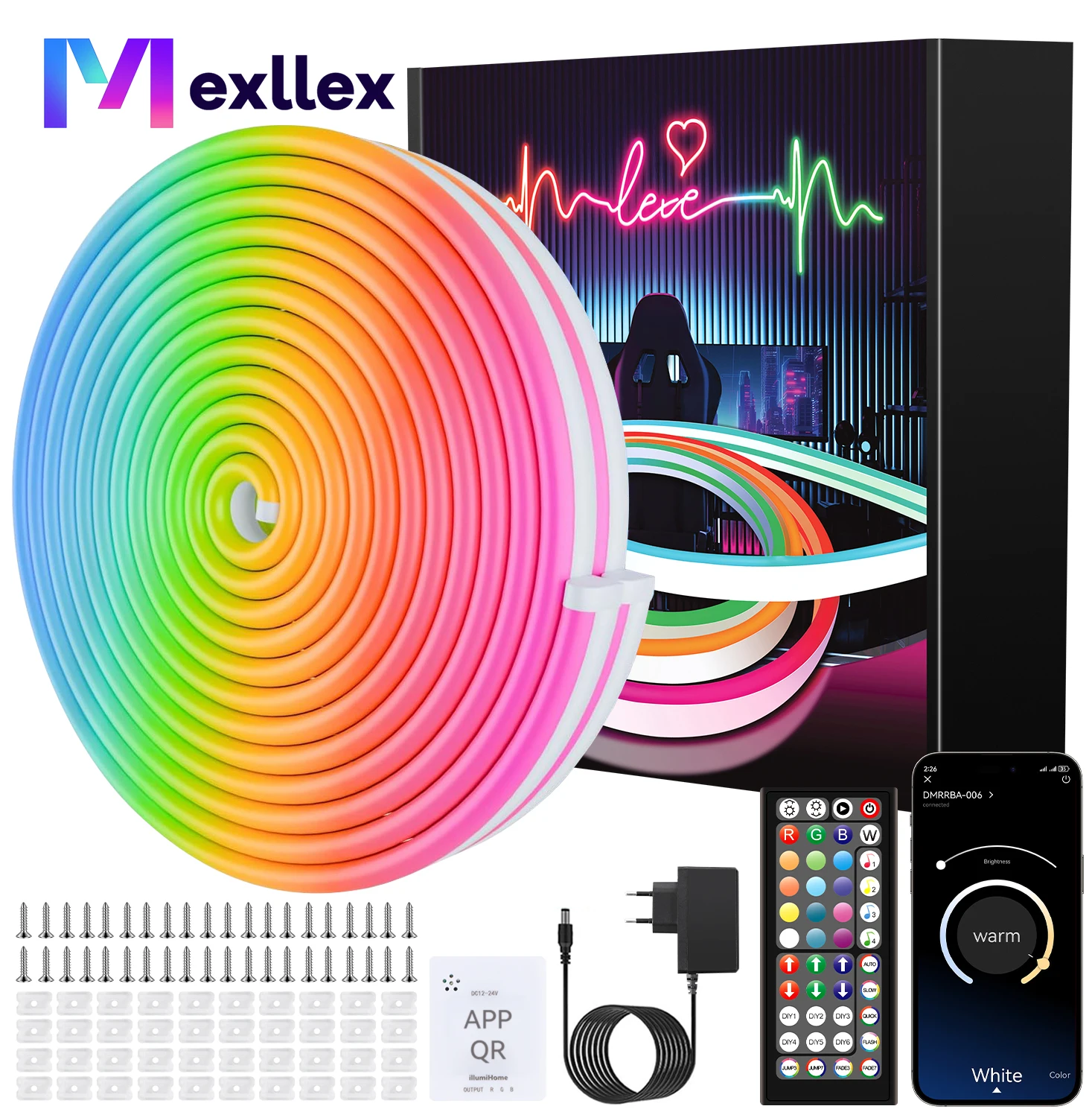 40M/30M RGB LED 네온 로프 조명, 앱/리모컨을 통한 음악 동기화 제어, 유연한 램프 색상 변경, 실내 실외용 방수