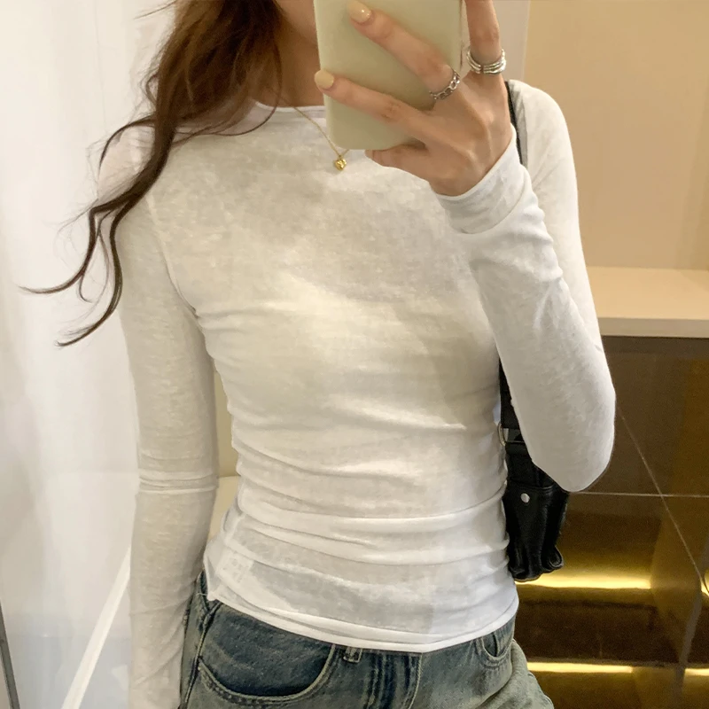 2025 봄 가을 T 셔츠 여성 탑 솔리드 슬림 피트 긴 소매 O 넥 Tshirts 여성 캐주얼 streetwear 고품질 기본 티셔츠