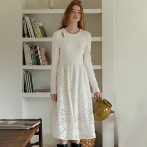 Cest_Winter lace splicing dress_WHITE