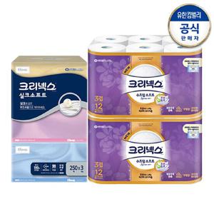 크리넥스 3겹 천연펄프 수프림소프트 27m 24롤+실크소프트 250매