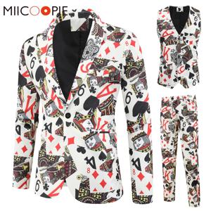 Classic Playing Cards Printed 3Piece Blazer+Vest+Pants Autumn Party Nightclub Hip Hop Singer Slim Fit Costume Tuxedos Men Suit