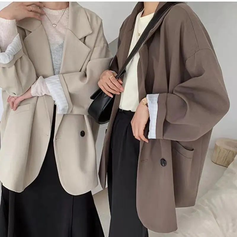 특대 블레이저 여성 긴 소매 검은 양복 streetwear 한국어 세련된 루즈 자켓 봄 가을 코트 더블 브레스트 트위드 새로운