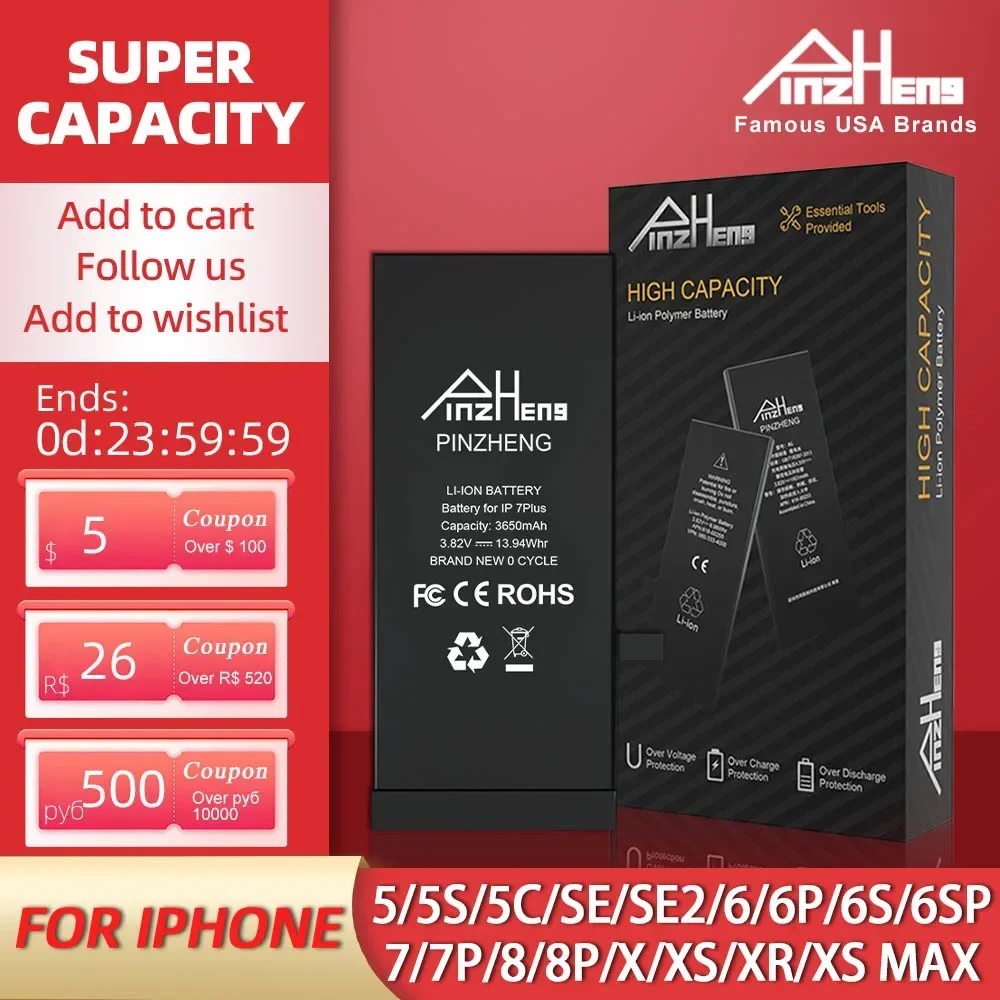 PINZHENG iPhone 5S SE 6 6S 7 8 Plus X Xr Xs Max 전화 교체 Bateria 보증 1 년용 실제 고용량 배터리