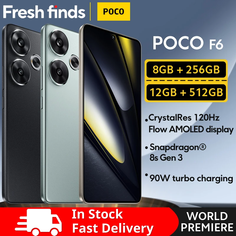 최신 POCO F6 스마트폰, 256GB, 512GB, 스냅드래곤®CrystalRes AMOLED 터보 충전 배터리, 8s Gen 3, 6.67 인치, 1.5K, 120Hz, 90W, 5000mAh