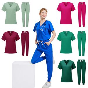 자연 유니폼 여성의 멋진 스트레치 v 넥 탑과 바지 스크럽 세트 여성용 의료 의류 Doctor Uniforme Estheticienne