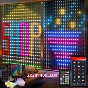 스마트 커튼 조명 블루투스 앱 제어 DIY LED 스트링 RGB 요정 조명, 음악 변경 디스플레이, 창 침실 장식, 400LED