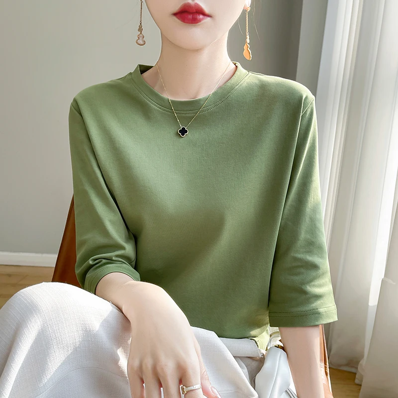 봄과 여름 새로운 흰색 Mercerized 코튼 반팔 티셔츠 여성스러운 조커 코튼 크롭 슬리브 Bottoming Shirt