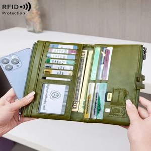 RFID 차단 대용량 여성용 지갑, 단색, 부드러운 가죽, 다기능 클러치 백, 지퍼, 남성용 장 지갑