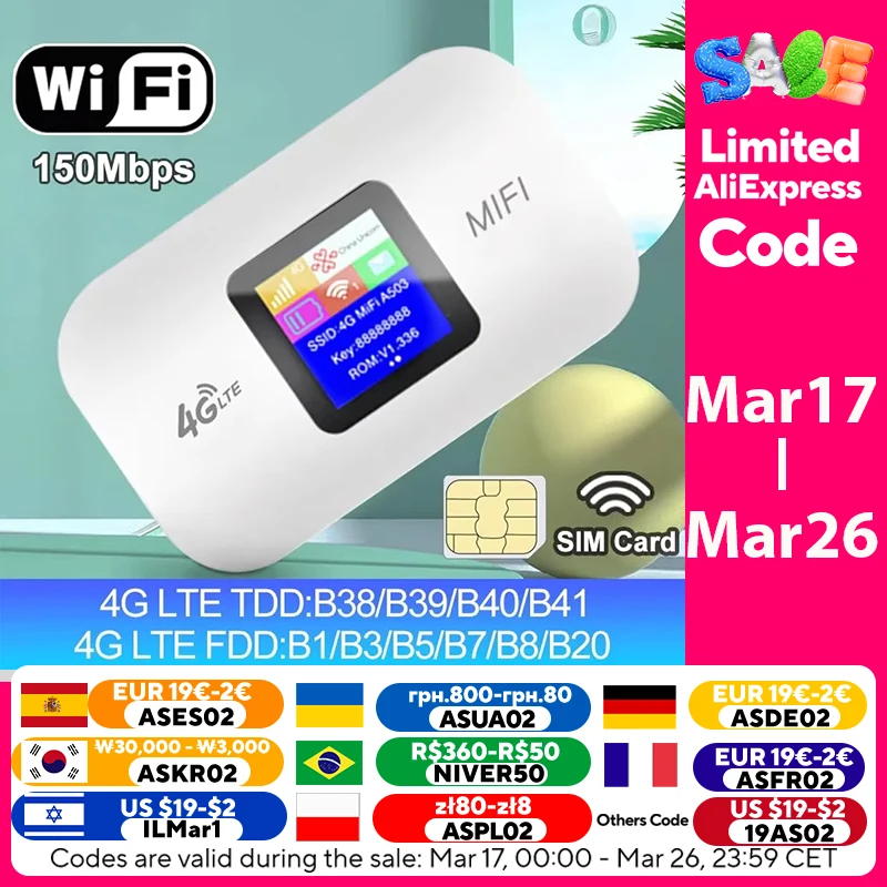 4G LTE 라우터 무선 와이파이 휴대용 모뎀 미니 야외 핫 스팟 포켓 Mifi 150mbps Sim 카드 슬롯 리피터 3000mah