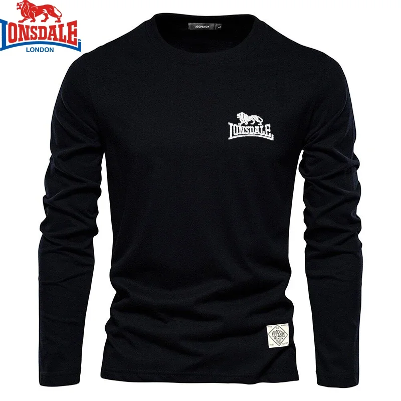 남성용 고품질 캐주얼 야외 스포츠를 위한 자수 LONSDALE 100% 순수 코튼 라운드 넥 긴팔 티셔츠