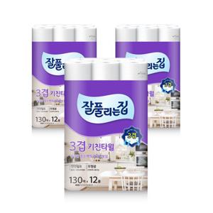 [잘풀리는집] 데질엠보싱 3겹 키친타올 세트 (12개롤 X 3팩, 총 36롤)