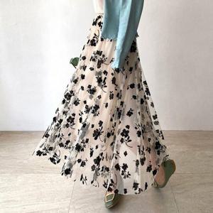 [네모엔룩]플라워롱샤 2중망사 벨로아 플레어 롱 밴딩 스커트