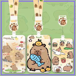 만화 Capybara 카드 홀더 버스 카드 커버 케이스 명함 홀더 끈 ID 홀더 배지가있는 귀여운 신용 카드 소지자