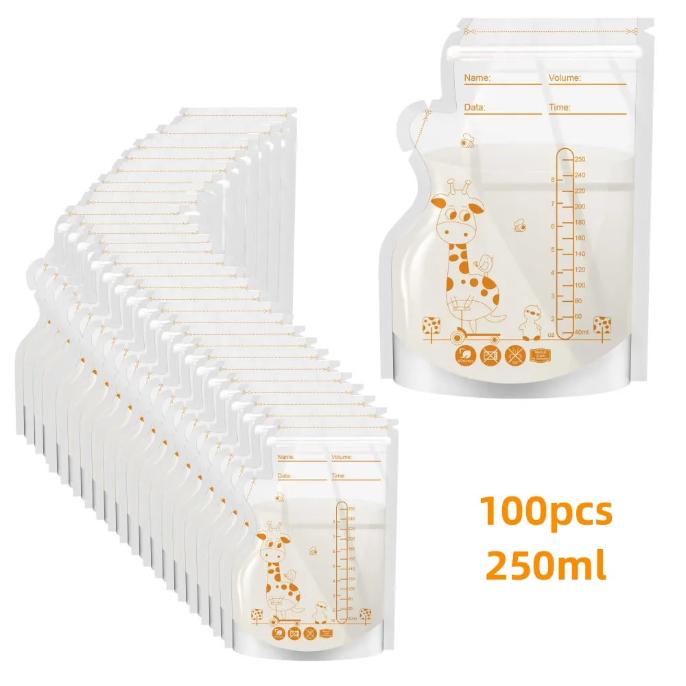 250ml 100pcs 모유 보관 가방 자체 서있는 이유식 보관 용기 누출 없음 우유 냉동고 가방 안전한 피드 BPA 무료