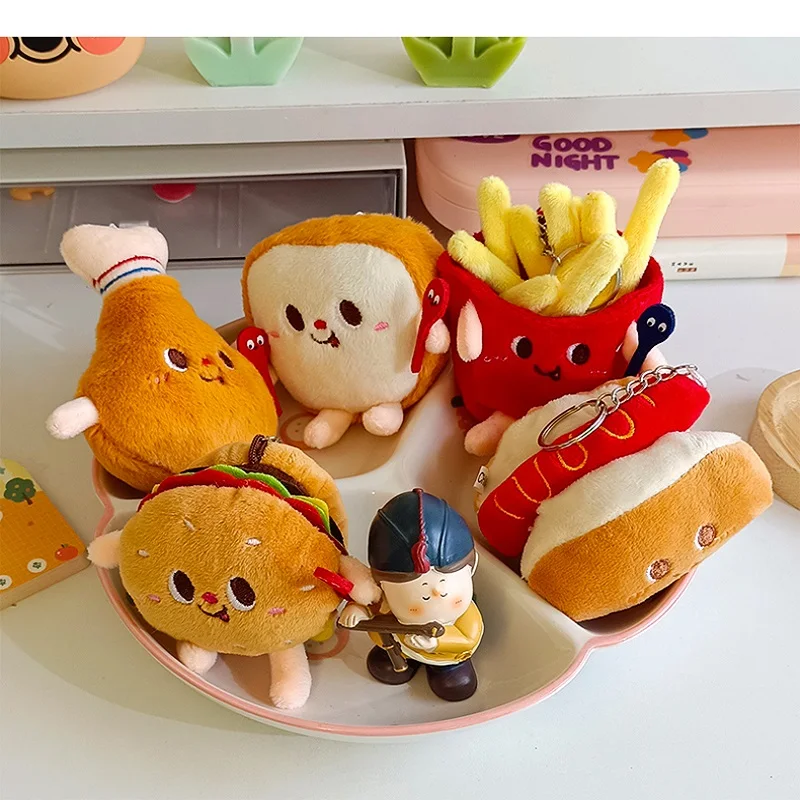 5 PCs 세트 크리 에이 티브 새로운 감자 튀김 버거 교수형 가방 커플 플러시 매달려 장식 소녀 심장 자동차 키 체인 작은 인형