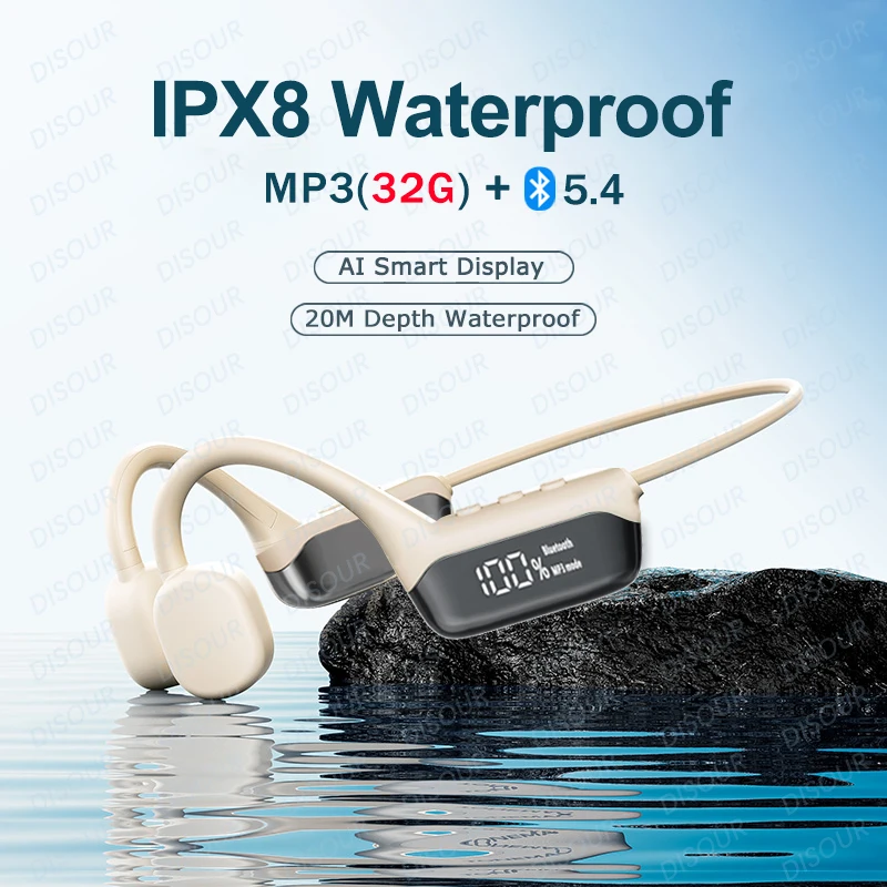 골전도 헤드셋 블루투스 5.4 무선 헤드셋 IPX8 레벨 방수, 수영 스포츠 사이클링 헤드셋에 적합 통증없는 착용 헤드셋 지원 MP3 플레이어, 32G 메모리 헤드셋 포함
