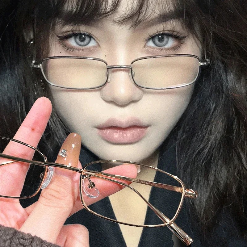 Y2K 하라주쿠 작은 사각형 프레임 안경 여성 레트로 금속 안경 클리어 독서 스펙터클 블루 라이트 차단 안경