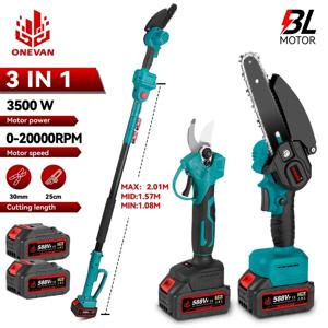 ONEVAN 3 IN 1 브러시리스 텔레스코픽 폴 전기 전기 톱 3500W 21V 18V 배터리 용 하이 브랜치 가위 원예 전동 공구