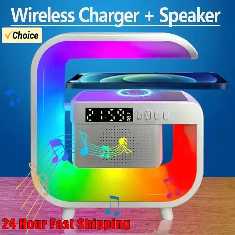 다기능 무선 충전기 스탠드 블루투스 5.0 스피커 FM TF RGB 야간 조명 iPhone 용 고속 충전 스테이션 Samsung Xiaomi