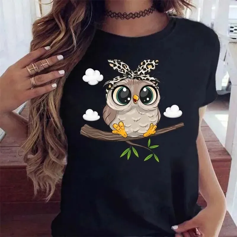 여성 만화 부엉이 프린트 티셔츠, 카와이 그래픽 셔츠, 캐주얼 반팔, 블랙 여성 티, O넥 하라주쿠 티셔츠