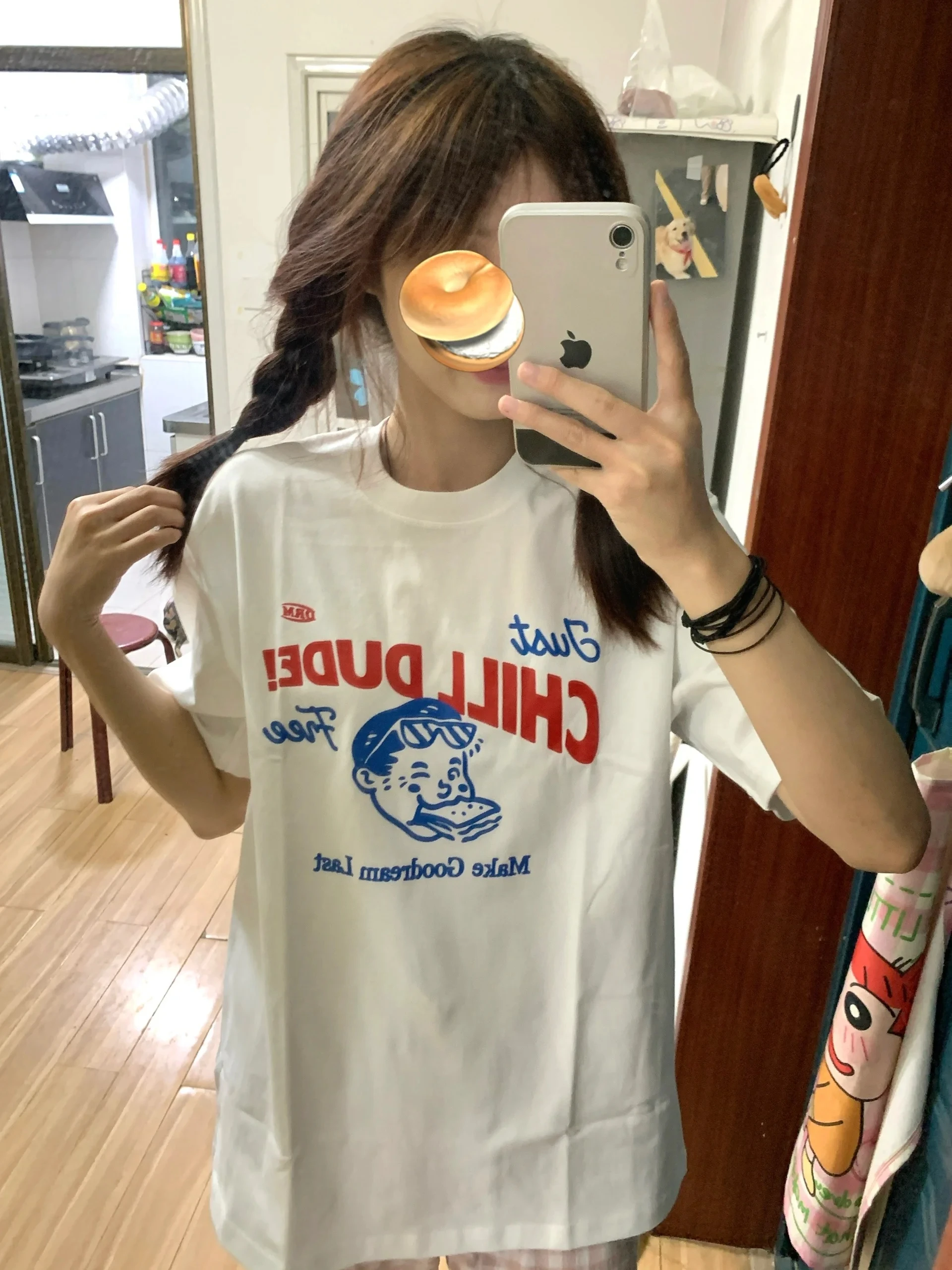 여름 신선한 프린트 티셔츠 여성 캐주얼 키즈 만화 샌드위치 탑 트렌디 코튼 00% 하이 엔드 느낌
