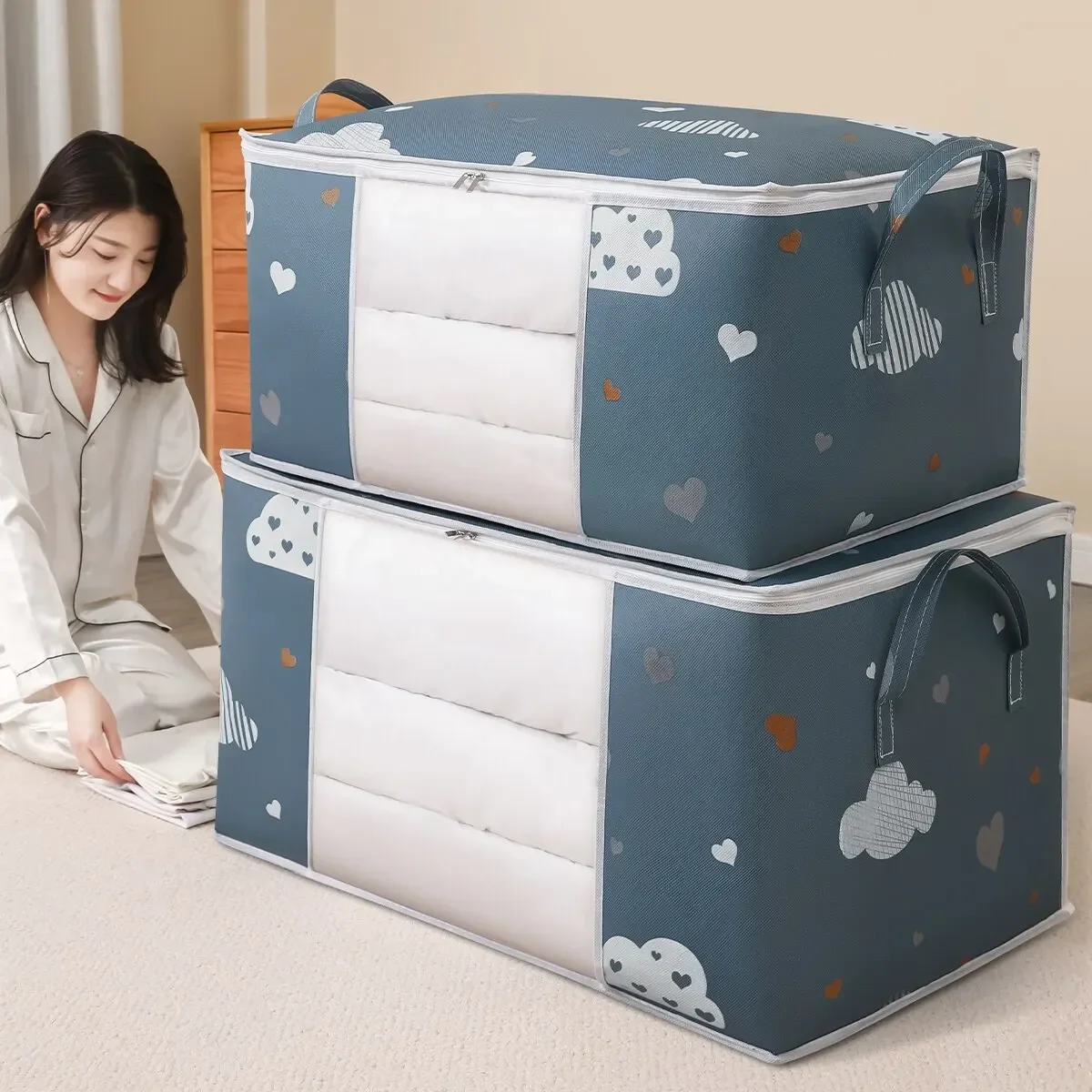 튼튼한 지퍼로 접이식 담요 침구에 적합한 강화 된 손잡이가있는 대용량 의류 보관 가방 주최자