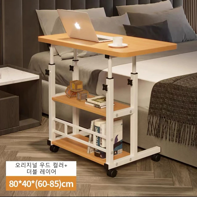 바퀴 달린 이중 선반 소파 테이블 80*40이 있는 바퀴 달린 모바일 더블 레이어 노트북 사이드 테이블이 있는 조절 가능한 높이 테이블