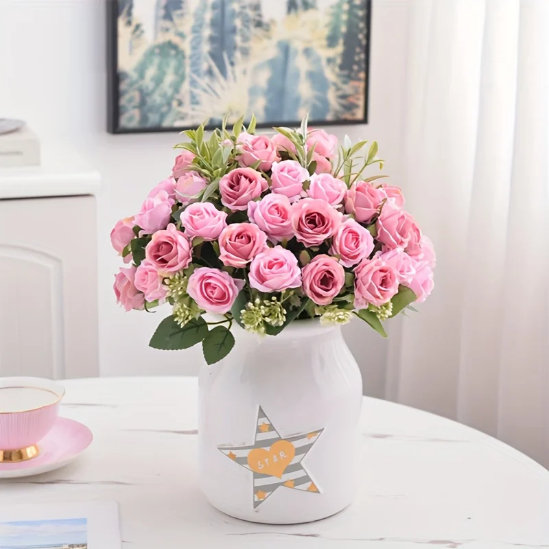 인공 꽃 10 헤드 실크 화이트 장미 번들 스크랩북, 발렌타인 웨딩, 야외 정원 파티 룸, 꽃병 테이블 장식