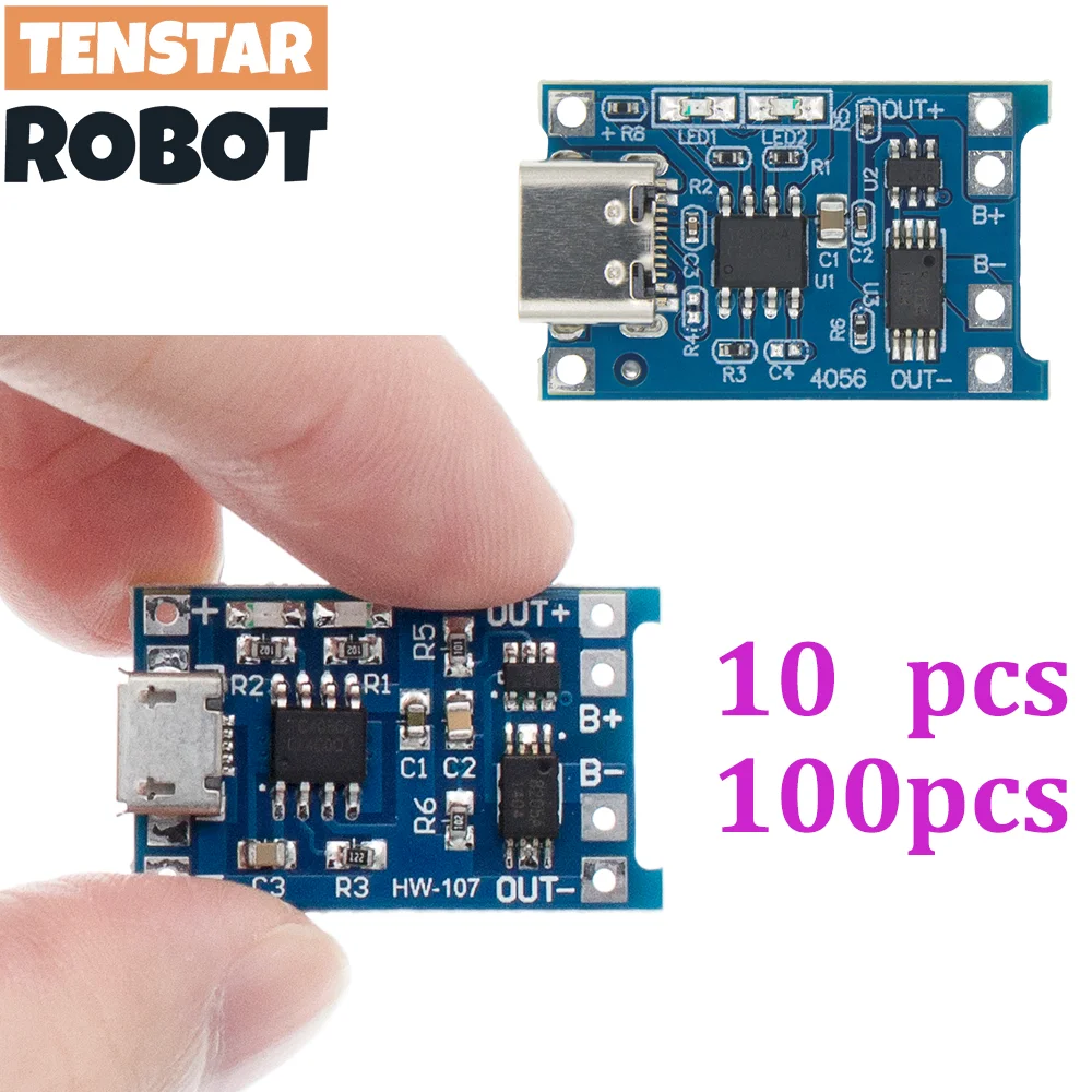 10/100pcs TP4056 + 보호 이중 기능 5V 1A 유형 c 18650 리튬 배터리 충전 보드 충전기 모듈