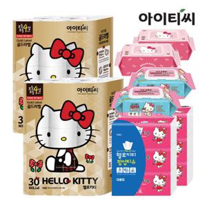 B+[헬로키티 골드라벨]4겹 프리미엄 화장지 30롤 2팩+팝업티슈 6팩+시그니쳐물티슈 2팩+행주티슈 2팩