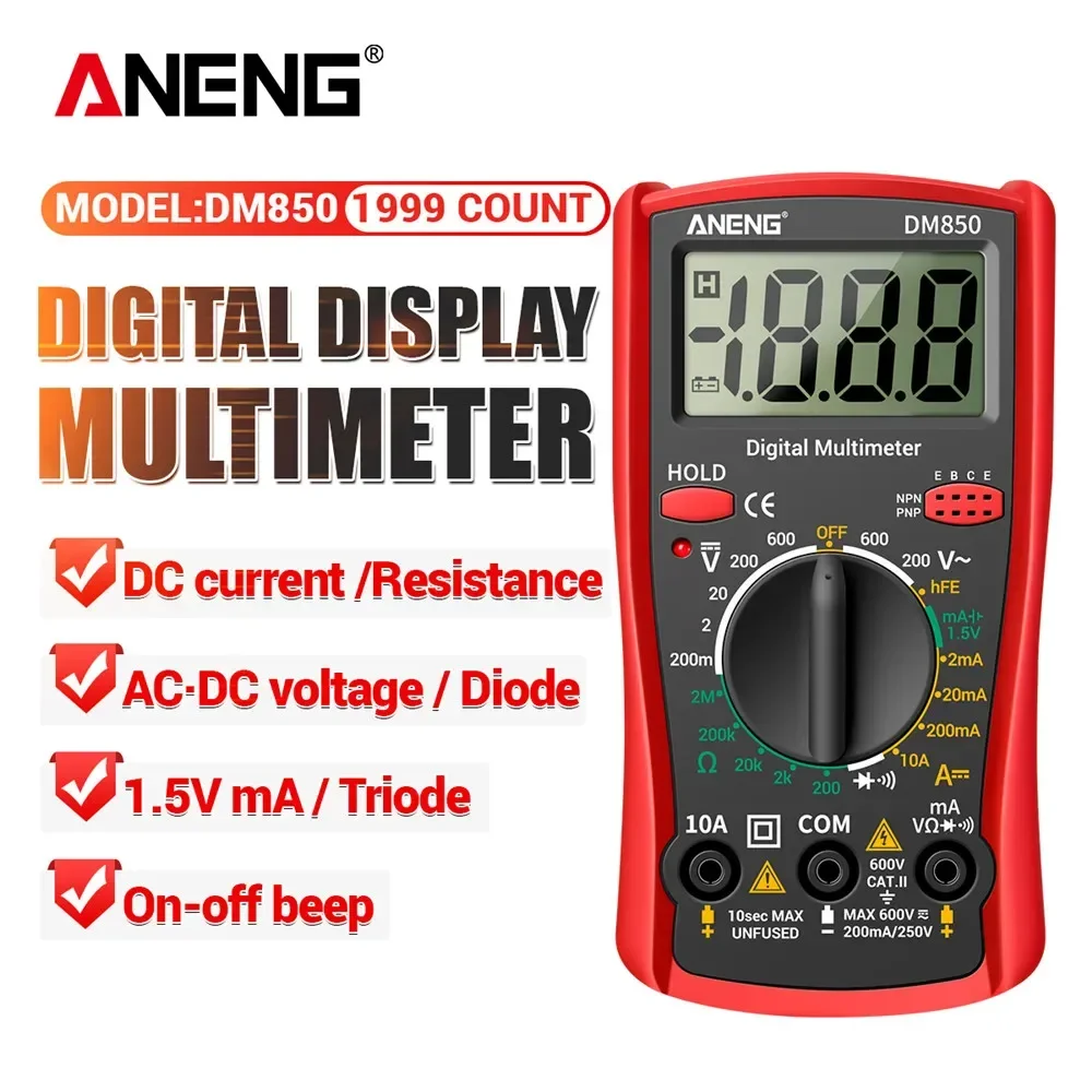 디지털 멀티미터 전문 1999 카운트 ANENG DM850 AC/DC 전압 전류 테스터 Eletric 자동 옴 전류계 감지기 도구