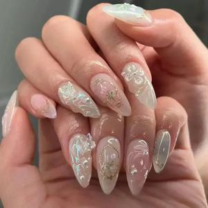 24Pcs 핑크 아몬드 틀린 손톱 나비 발레 프랑스 디자인 웨어러블 가짜 손톱 손톱 팁 아트에 간단한 인공 프레스
