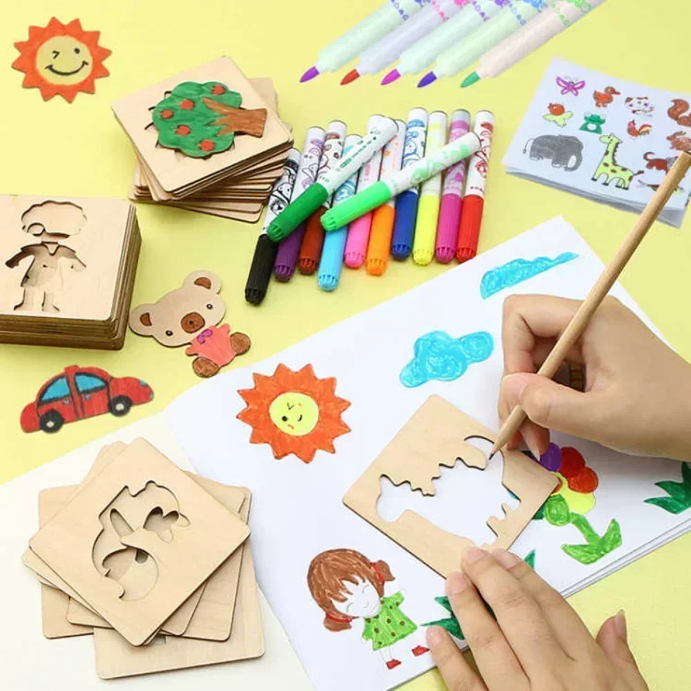 20pcs 어린이 나무 그리기 장난감 몬테소리 DIY 그림 스텐실 템플릿 공예 장난감 퍼즐 교육 장난감 어린이 선물 용품
