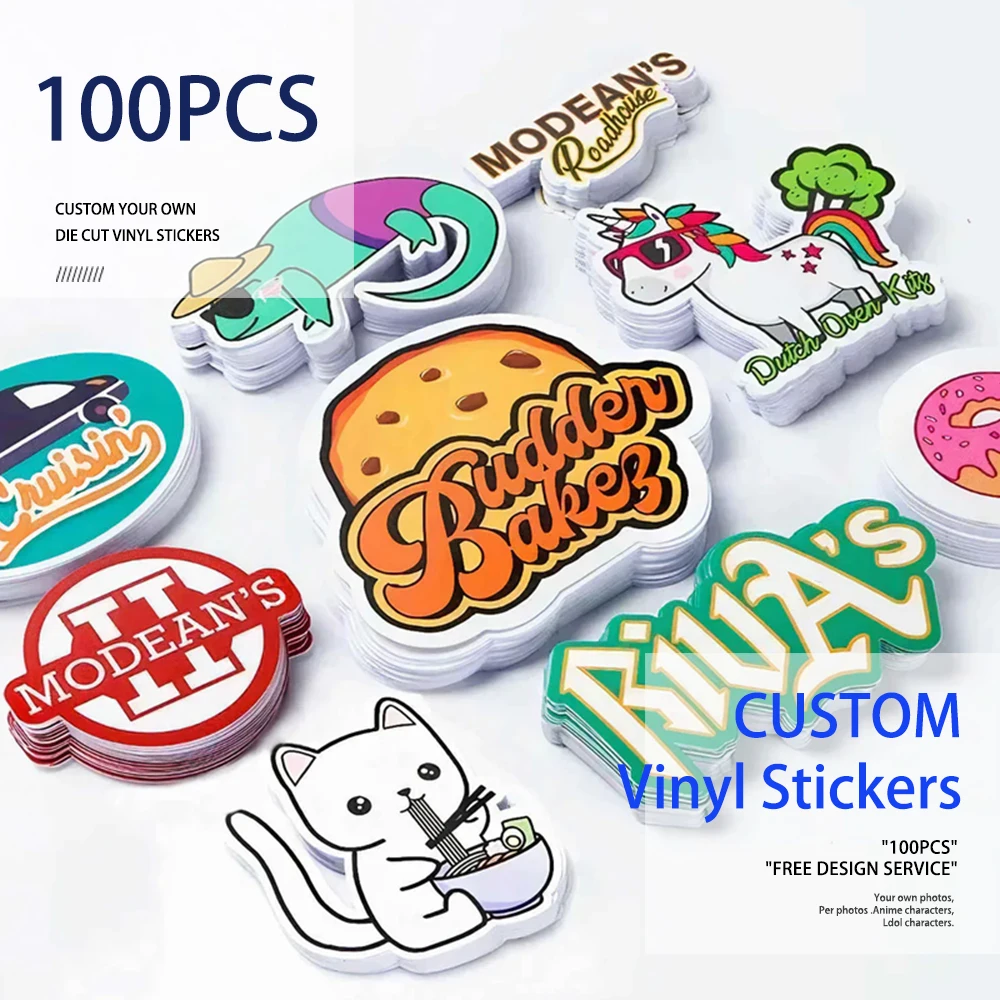 PVC 방수 다이 컷 비닐 로고 디자인 브랜드 노트북 귀여운 맞춤형 스티커, 비즈니스용 광택 필름, 맞춤형 스티커, 100 개