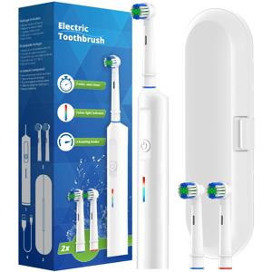 회전식 전동 칫솔, 3가지 모드 USB 고속 충전식 회전식 전동 칫솔(타이머, 여행용 케이스 및 브러시 헤드 2개 포함)