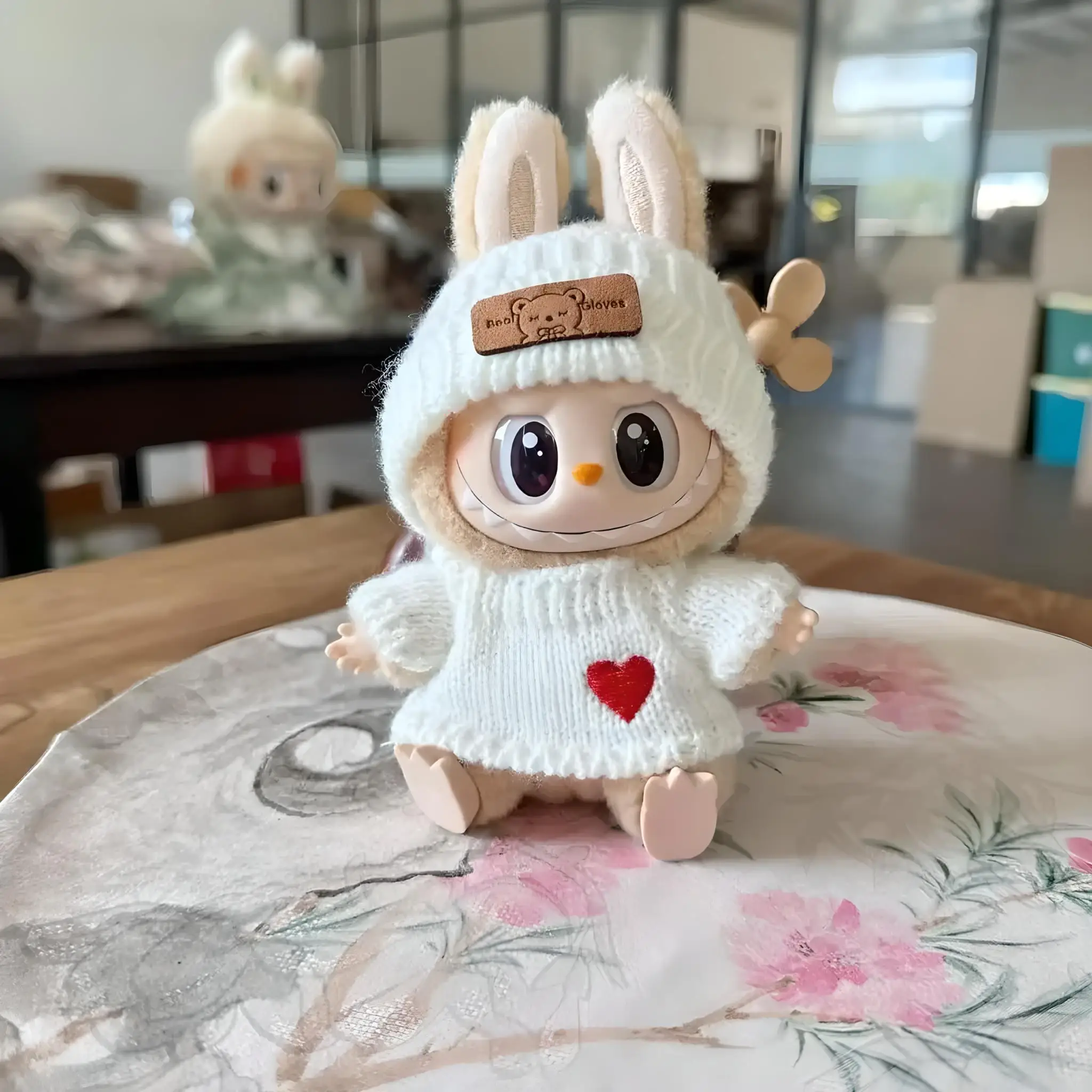 17cm labubu 인형 복장 옷 곰 라벨 모자 사랑 스웨터 세트 귀여운 장식 작은 옷