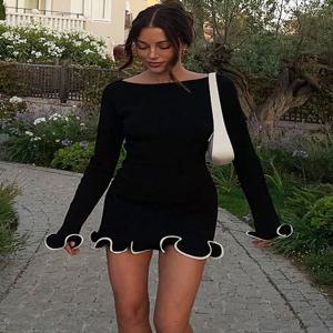 Dulzura O넥 긴팔 러플 패치워크 바디콘 미니 원피스, 섹시한 우아한 복장, 파티 클럽 스트리트웨어, 가을 겨울 옷