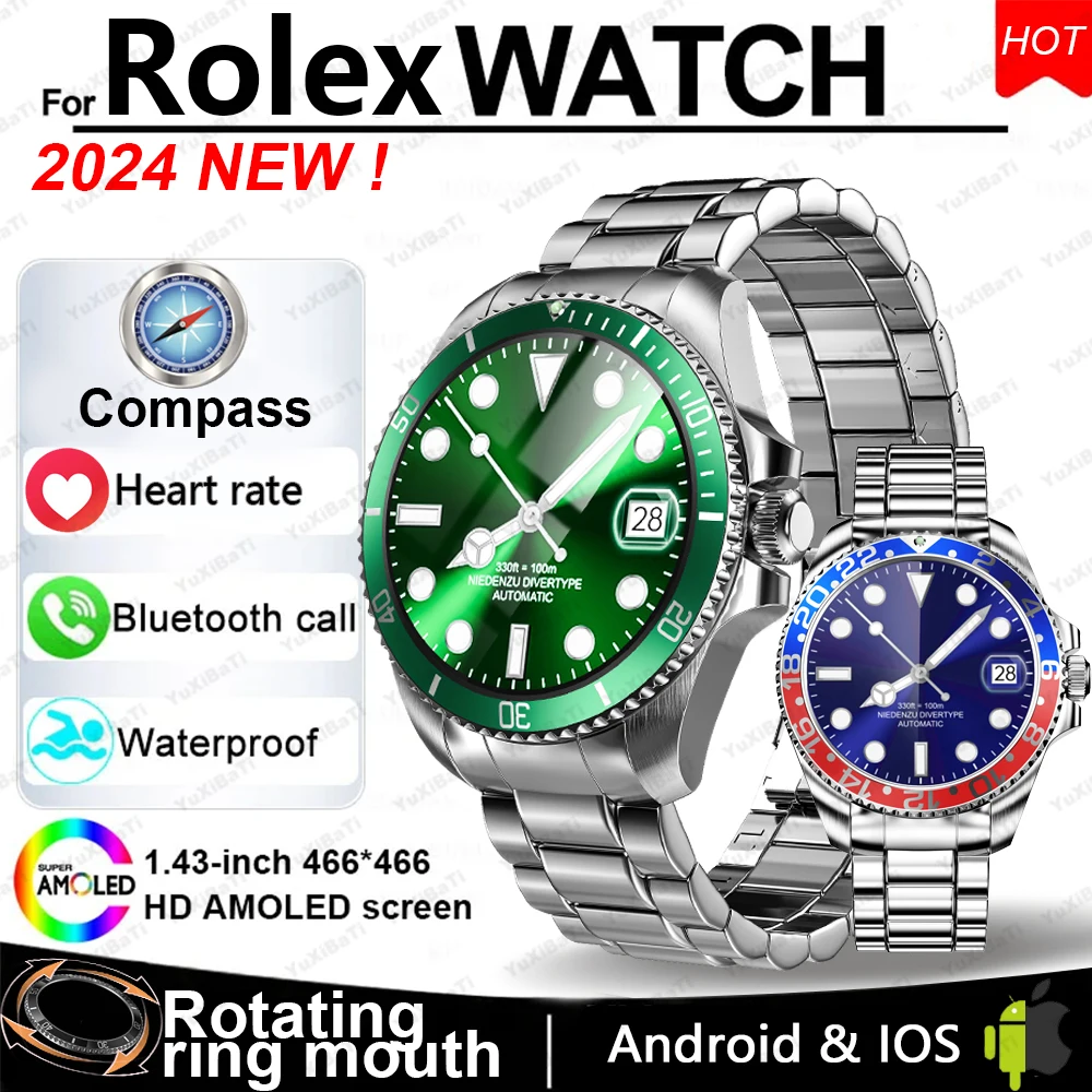 2024 롤렉스 SmartWatch 남성용 나침반 GPS 트랙 Smartwatch Amoled은 항상 온도 시계를 표시합니다. BT Call Smartwatch + BOX