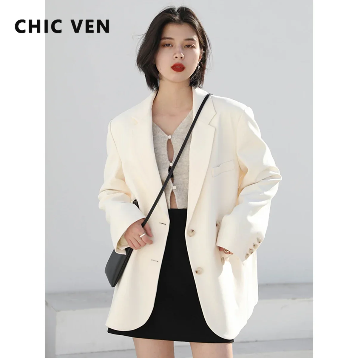 CHIC VEN 여성용 한국 캐주얼 단색 긴 소매 블레이저, 올매치 오피스 레이디 우아한 패션 의류, 2023 가을 용수철