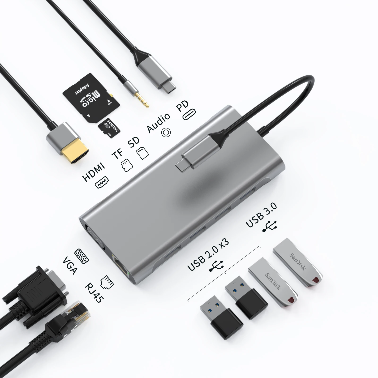 맥북 프로 에어용 컨버터 도킹 스테이션 스플리터, 11 인 1 C타입 허브, 4K 30Hz USB C에서 HDMI 호환 USB 3.1 어댑터