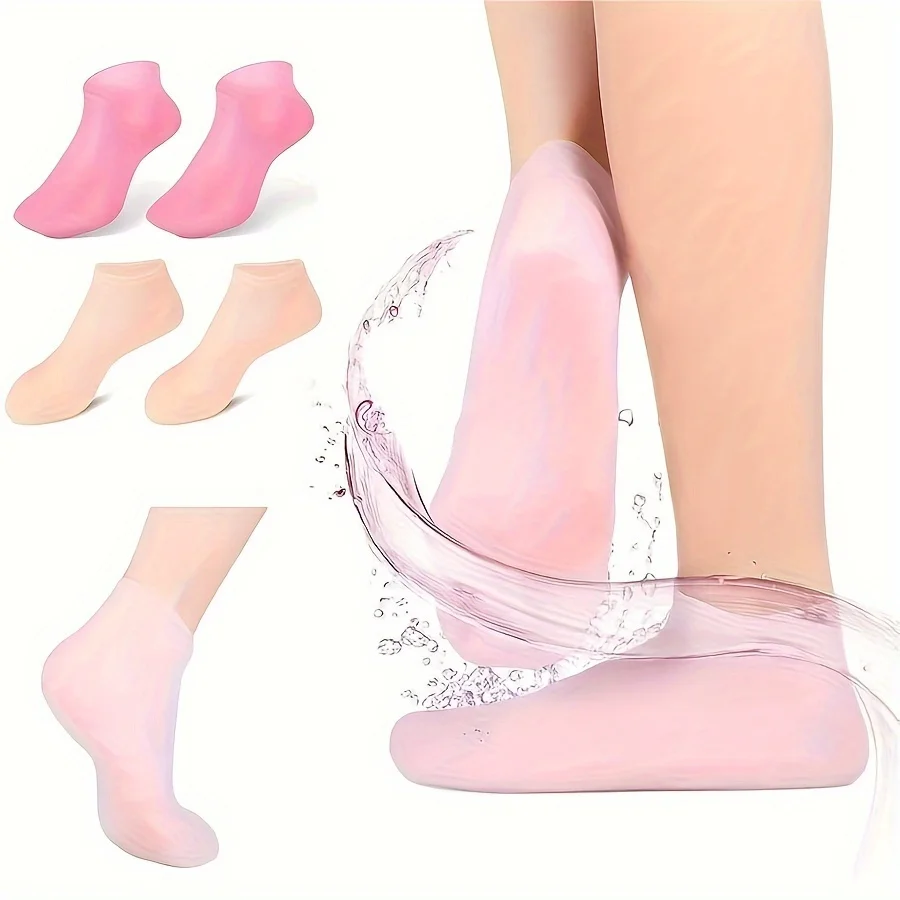 실리콘 보습 발 양말, 2팩, 건조하고 갈라진 발용 - 바디 로션 수딩 마사지 페디큐어 케어 키트 포함