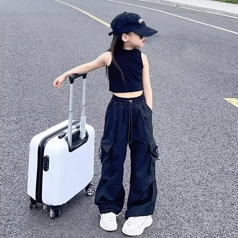 여자 캐주얼 카고 바지 어린이 솔리드 컬러 운동복 어린이 빈티지 streetwear 힙합 바지 새로운 탄성 허리 헐렁한 바지