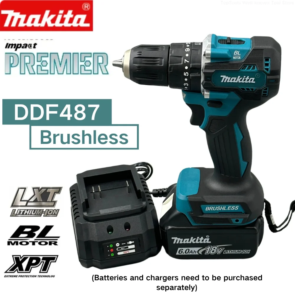 Makita 충전식 무선 전기 드릴, 브러시리스 전기 임팩트 스크루 드라이버 전동 공구, 18V 배터리 장식 팀, DDF487