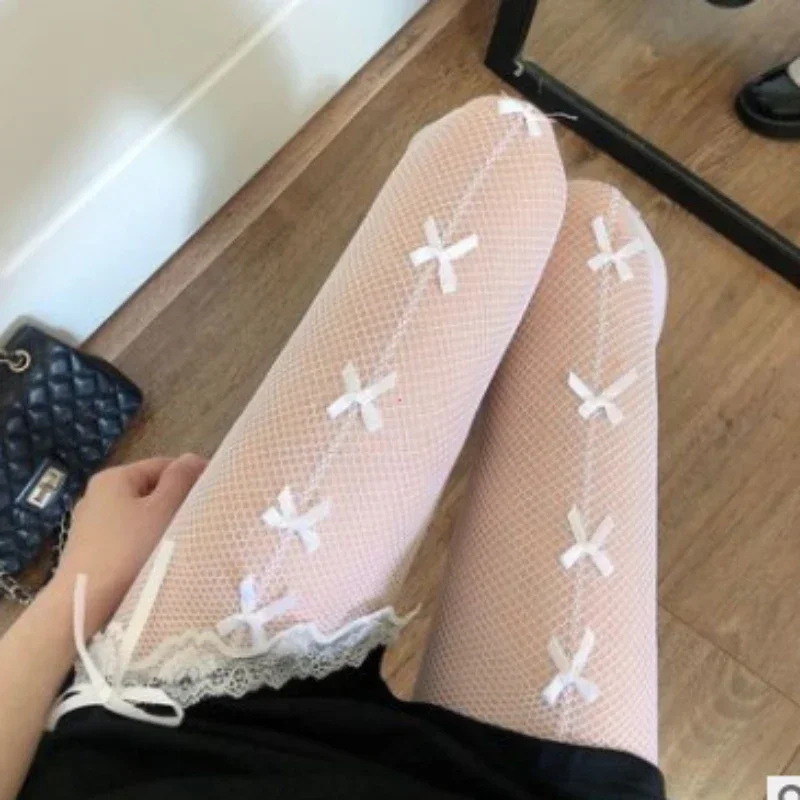 카와이 고딕 속이 빈 팬티 스타킹 로리타 보우 매듭 Fishnet 스타킹 여성 매운 소녀 블랙 화이트 섹시한 얇은 인 조수 레이스 스타킹