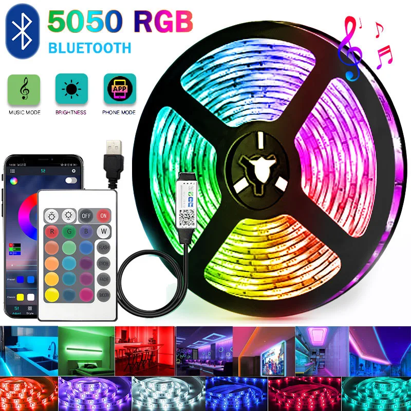 SMD5050USB LED 스트립 라이트 TV 데스크탑 화면 백라이트 색상 변경 침실 장식 1/2/3/5M 블루투스 LED 램프 DIY 조명